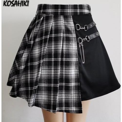 KOSAHIKI Mini Skirts Womens Plus Size Casual All-match Plaid High Waist A-line Autumn College Harajuku Gothic Fashion Skirts