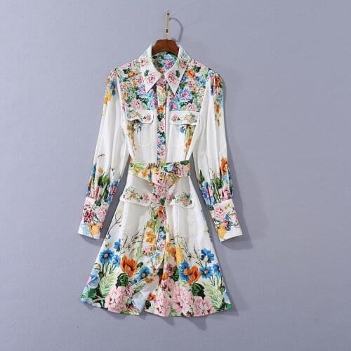 Womens European and American clothing 2021 autumn new style Long sleeve floral print pocket belt Fashionable dress