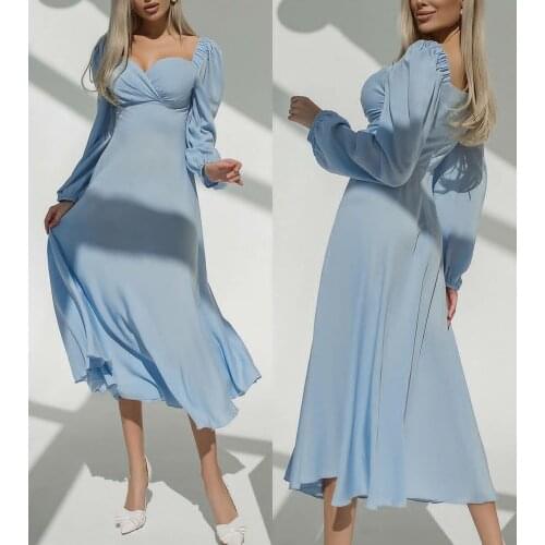 Retro Long Sleeve Chiffon Short V-Neck Evening Dresses with Pockets Zipper Back Dusty Blue Abendkleid Robes de Soirée for Women
