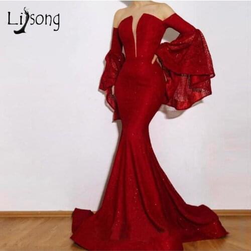 2019 Sexy Red Mermaid Evening Dresses With Flare Full Sleeves Sequined Lace Long Prom Gowns Off Shoulder Robe De Soiree