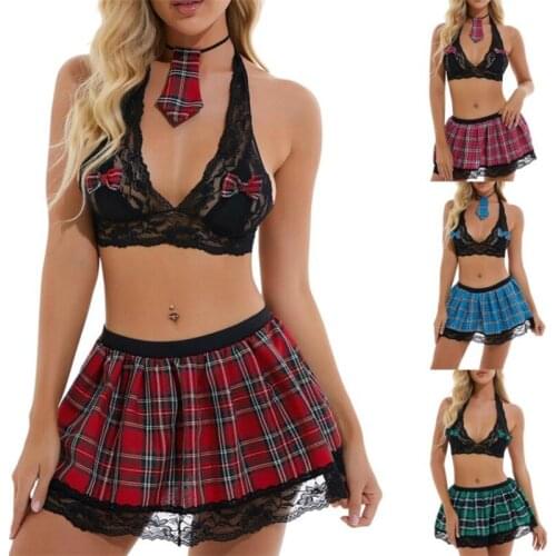 4Pcs Sexy Lady Women Lace Sexy Lingerie Halterneck Tops See Through Slim Lace Bra Plaid Short Skirt Necktie G-String Sets