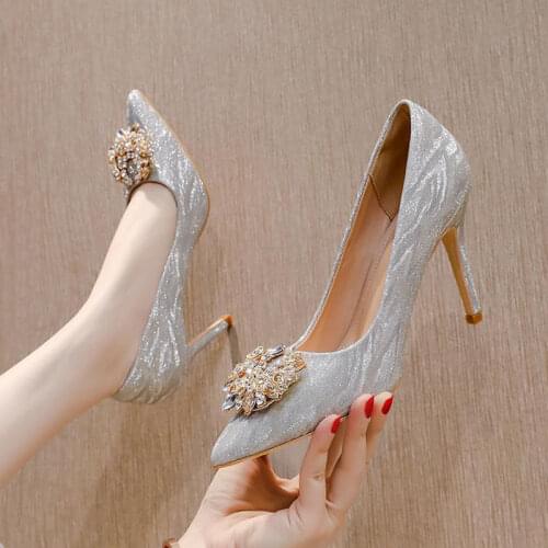 Banquet High Heels Shallow Mouth Hollow Pointed Rhinestone Plus Size Wedding Shoes Bride 41 42 43