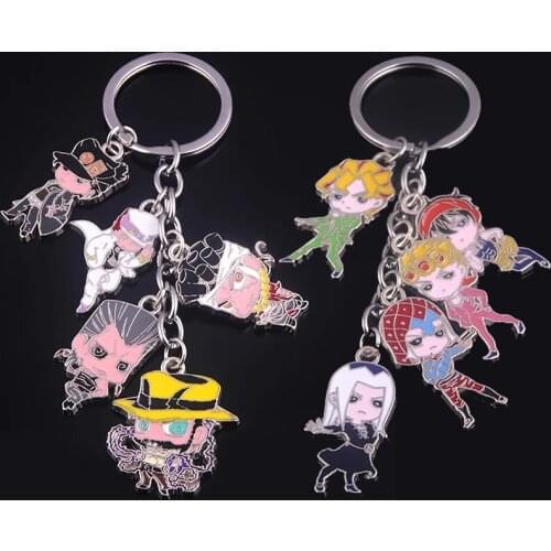 Anime JoJos Bizarre Adventur Keychain Kujo Jotaro Kira Yoshikage Jonathan Joseph Giorno Giovanna Figure Key Chain Props Jewelry