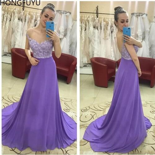 HONGFUYU Lavender Chiffon Prom Formal Dress vestido de noche Cap Sleeves Party Gowns Evening Dresses with Appliques Crystals