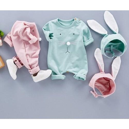 Baby Girl Rompers Lovely Pink Rabbit Costume with Long Ears Hat Outfit Set Fresh Green Jumpsuit Long Sleeve New Autumn One Piece