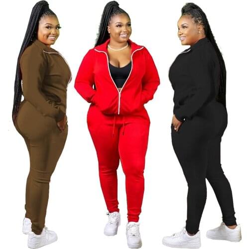FNOCE 2020 winter new womens sets large size fashion casual solid long sleeve zipper tops and tight trousers sports 2-pc suits