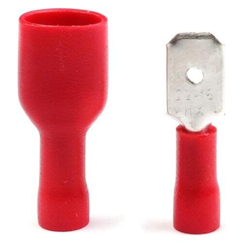 100Pcs Red Crimp Terminal Female + Male Spade Insulated Electrical Wiring Cable Plug FDFD 1.25-250 MDD1.25-250 6.3mm Connectors