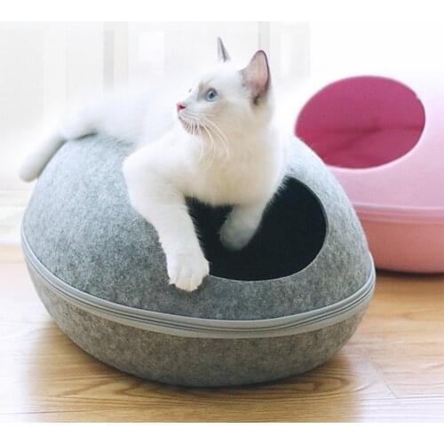 Eggshell Cat Bed Detachable Natural Felt Cats House Sleeping Bag with Nest Cushion Mat Soft Breathable Semi Enclosed Pet Cave