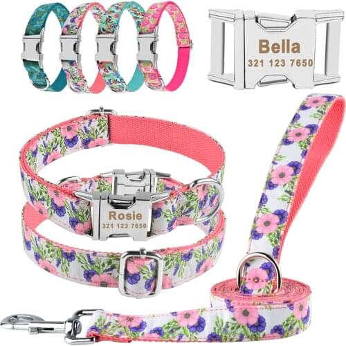 Dog Leash Set S-Medium Large Personalised Dog Collar Flower Custom Engraved Name ID Tag Accessories Dog Collars Pet supplies