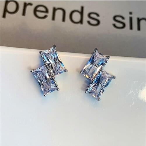 Cute Female White Crystal Stone Earrings Small Square Rainbow Stud Earrings For Women Luxury Silver Color Wedding Earrings