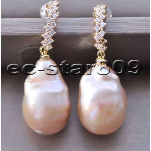 P6553 21mm Pink Baroque Keshi Reborn PEARL Dangle Earring CZ