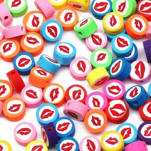 9mm Lips Pattern Flat Round Polymer Clay Beads Supplies For Jewelry Making DIY Handmade Necklaces Bracelets Earrings Accessories