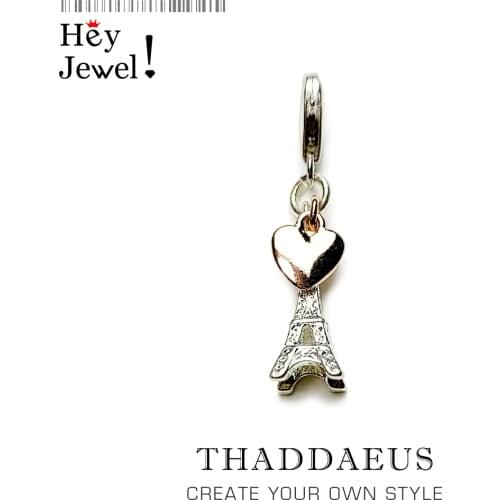 Real 925 Sterling Silver EIFFEL TOWER Charm with Heart Charms Beads fit Bracelet Necklace Pendant Women Jewelry Gift