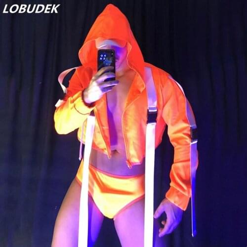 Sexy Bar Nightclub Male Gogo Costume Fluorescent Green Orange Hooded Jacket Briefs Outfits Club Party DJ Singer Performance Wear