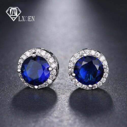 LXOEN Classic Unisex Round Crystal Stud Earrings with Blue AAA Zircon Druzy Studs Ear for Party Jewelry brinco Gift bijoux