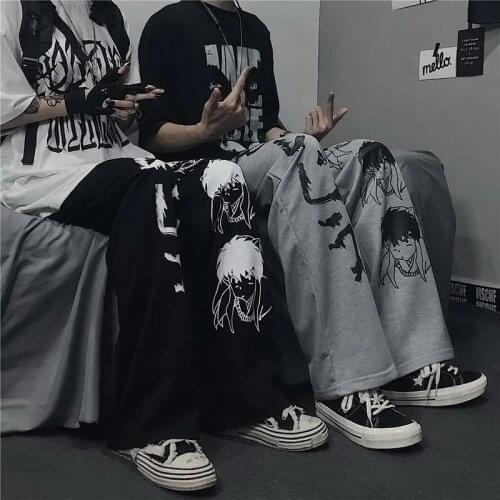 Harajuku Anime Characters Japanese Pattern Hip Hop Wide Leg Womens Mens Casual Streetwear Elastic Waist Jogger Pants