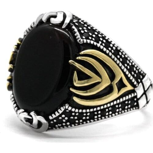 Turkish Black Agate Ring for Men 925 Sterling Silver Punk Vintage Oval Flat Stone Males Rings Antique Silver Jewelry Gift