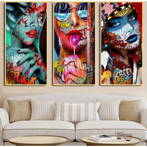 Street Graffiti Sexy Women Portrait Canvas Painting Girl Eat a Lollipop Poster and Print Picture for Living Room Home Wall Decor