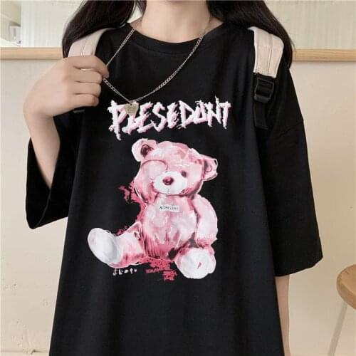 Vintage Punk Harajuku Grunge Gothic Bear Letter Tops Loose Short Sleeve Plus Size Anime Cartoon Fun Print Clothes Dropshipping 2