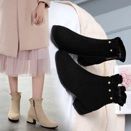 YQBTDL 2020 Autumn Winter Womens Boots Ankle Chunky Heels Rhinestone Ruffles Opening Princess Suede Ankle Boot Block Heel Shoes