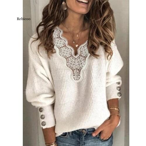 Women Lace Patchwork Sweaters Autumn Buttons Knit Pullovers Elegant Winter Sexy V Neck Knitted Sweater Tops Jumpers