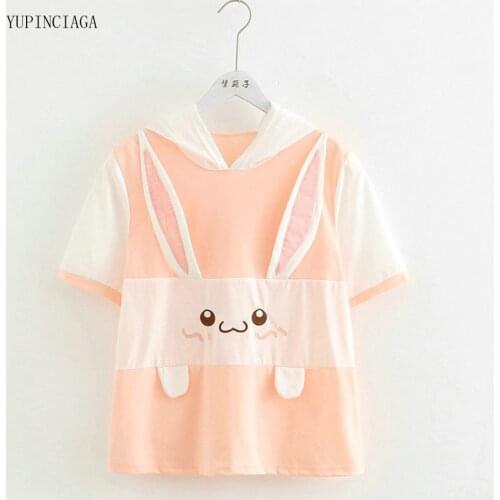 2021 Summer Women Sweet Hoodies Harajuku CartoonRabbit Cotton Embroidery Patchwork Hooded Short Sleeve Sweatshirts 2114339