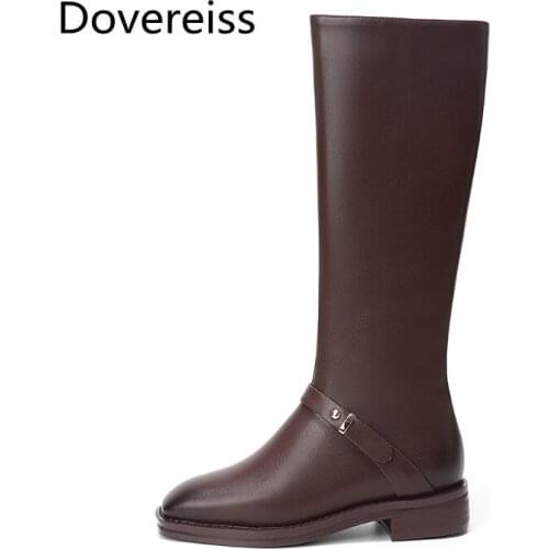 Dovereiss Fashion Womens Shoes Winter new Elegant Round toe brown flats Zipper Knee high boots Concise Mature 33-45