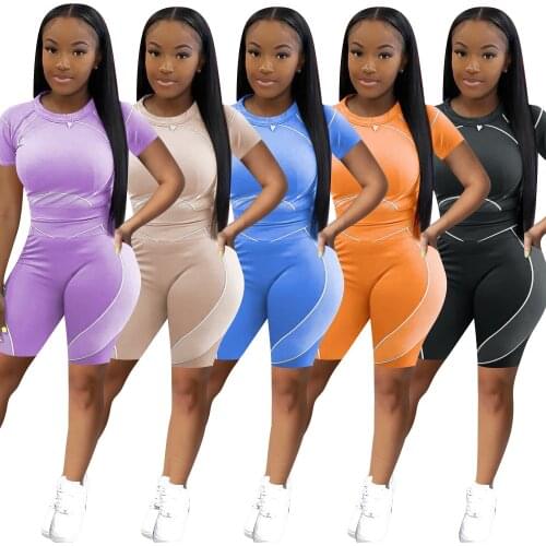 Adogirl Woman Summer Striped Print Two Piece Set Casual Short Sleeve T-Shirt And Bikers Shorts Sporting Elastic Tracksuit Outfit