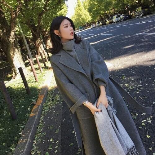New Korean Long Loose Coat Autumn And Winter Casual Keep Warm Gray Woolen Coat Women Turn Down Collar Fashion Outerwear