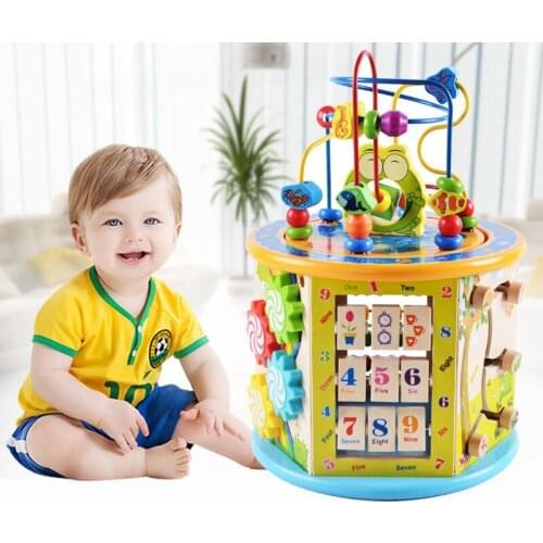 1PC Childrens wooden multi-function hexahedron beaded beaded treasure chest with music baby puzzle toy