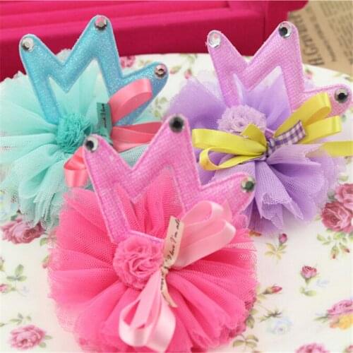 Free Shipping 20PCS Handmade Hair Jewelry Accessory Material Lace Chiffon Flower with Glitter Crown DIY Button Patch