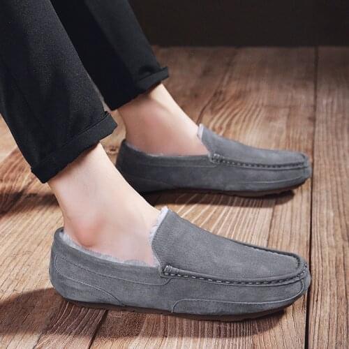 2021 Witer Mens Genuine Leather Shoes Keep Warm Fur Leather Soft Anti-slip Loafers Shoes Man Casual Moccasins Warm Shoes