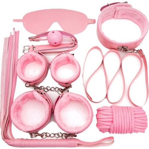 7Pcs/Set Adult SM Sex Toys Kits Soft Leather Plush Bondage Handcuffs Sex Games Whip Gag Nipple Clamps For Couples Accessories