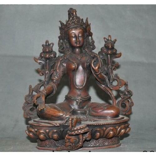 8"Old Tibetan purple Bronze Buddhism temple Green Tara Kwan-Yin Guan Yin statue