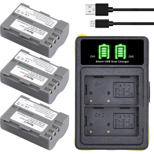 3Pcs 2000mAh EN-EL3e EN EL3e Camera Battery Bateria + Built-in USB LED Charger for Nikon D30 D50 D70 D70S D90 D80 D100 D200 D300