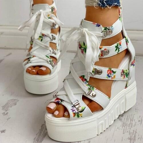 INS Hot Print Leisure Wedges womens Shoes 2021 Summer Shoes women Sandals Platform Shoelaces High Heels Casual Shoes Woman 42