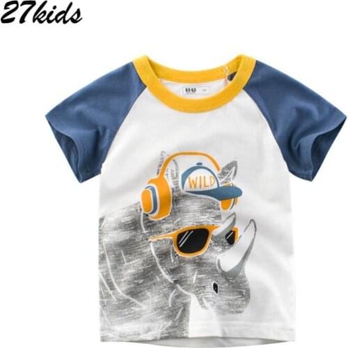 27kids Rhinoceros Boys Tops Tees T Shirt Summer 2-9Years Children Kids Girls Shorts Clothes for Infant Baby Garment Clothing