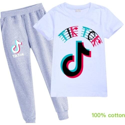 TIK TOK childrens clothing boys and girls print casual sports round neck short-sleeved T-shirt + pants set