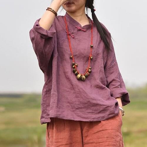 Johnature Women Ramie Shirts Solid Color Stand Blouses 2021 New Autumn Loose Original Button Tops Female Chinese Style Shirts