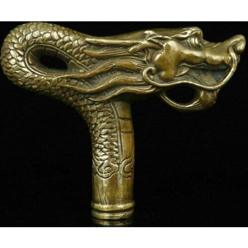 Chinese Brass Copper Hand carved Cane Walking Stick Head Handle Dragon Statue