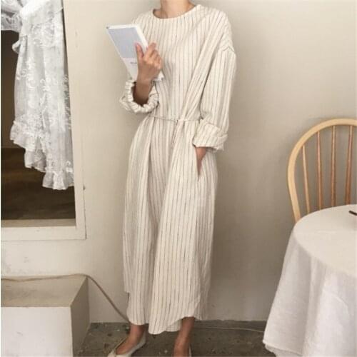 Korea Thin Loose Dress Women Minimalism Stripes Round Neck Bottoming Shirt Casual All-match Student Blouses Dresses