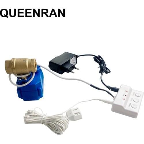 Mini Water Leakage Sensor Alarm Unit with 1pc Auto Shut-off DN15 DN20 DN25 Valve and 1pc Water Sensing Cable for Overflow Detect