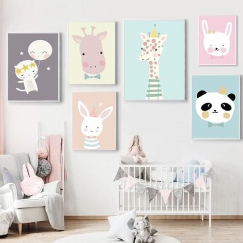 Cartoon Giraffe Rabbit Nursery Wall Art Canvas Painting Minimalist Poster Print Nordic Kids Picture Baby Girl Room Decor