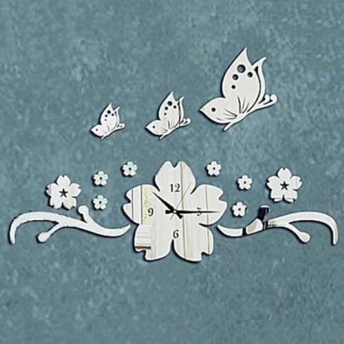 New Butterfly Flower 3D DIY Wall Clock Modern Design Acrylic Mirror Wall Decal Art Stickers for Home Office Decoration