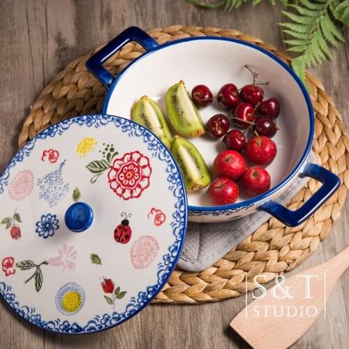 Dinner plates high quality handpaint under glazed round eco-friendly porcelain ceramic dishes and plates double ears for oven