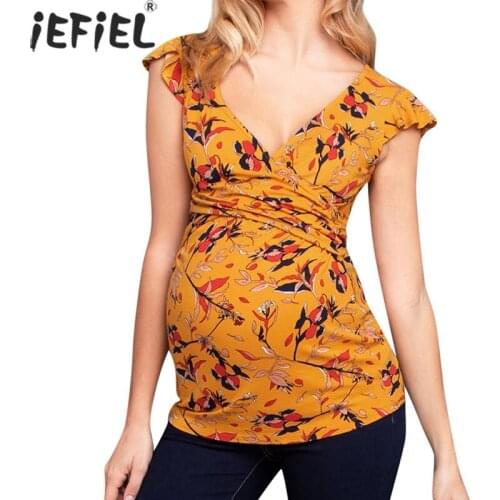 Women Pregnant Maternity Clothes Ruffle Flying Sleeve Deep V Nursing Tops Flower Print Breastfeeding T-Shirt Pregnancy Tees