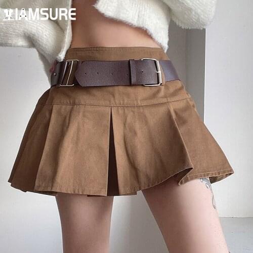 IAMSURE Preppy Style Pleated Mini Skirt With Shorts Sexy Sashes High Waisted Cotton Skirts 2021 New Fashion Y2K Aesthetic Korean