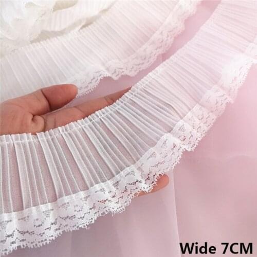 7CM Wide White Chiffon Pleated Fabric Lace Frilled Embroidered Fringe Lace Collar Ruffle Trim Dresses DIY Sewing Material Ribbon