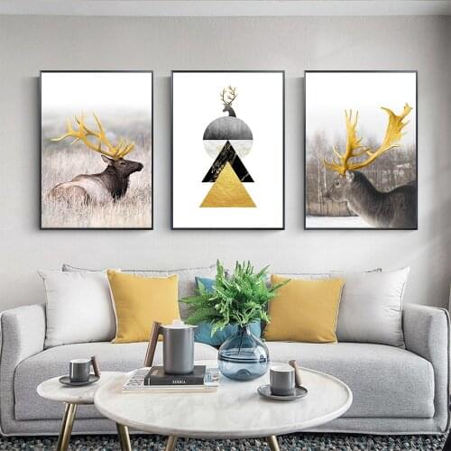 Nordic Geometric Golden Abstract Deer Wall Art Print Picture Canvas Painting Elf Animal Poster for Living Room Home Decoration