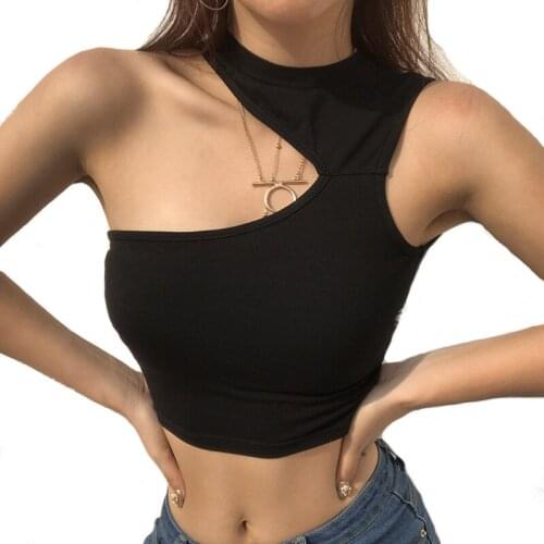 Sexy Tank Top Black Halter Crop Tops Women Summer Asymmetrical Digging Shoulder Navel T-Shirt Casual Female Sleeveless Top